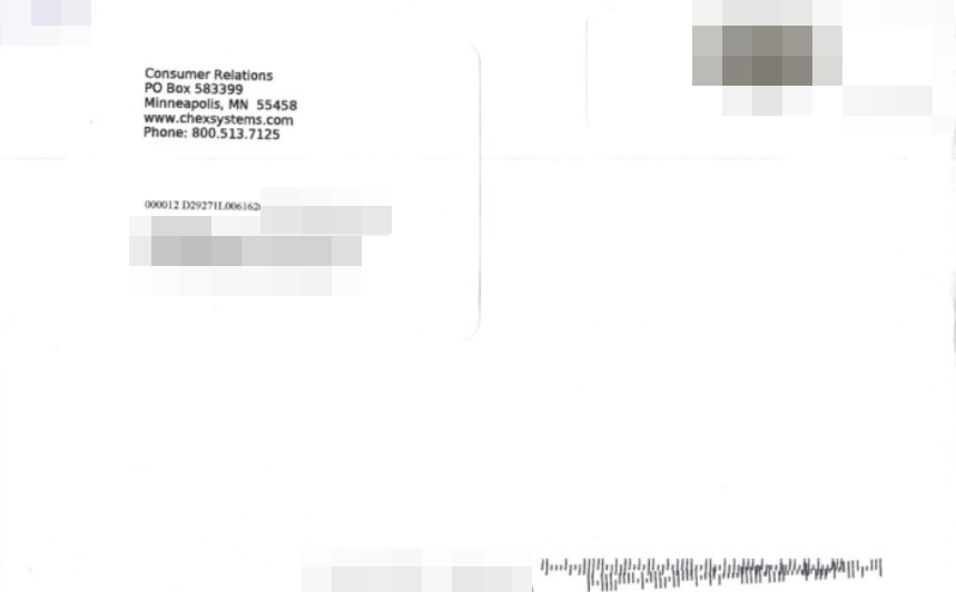 美国chexsystems信用分数信件